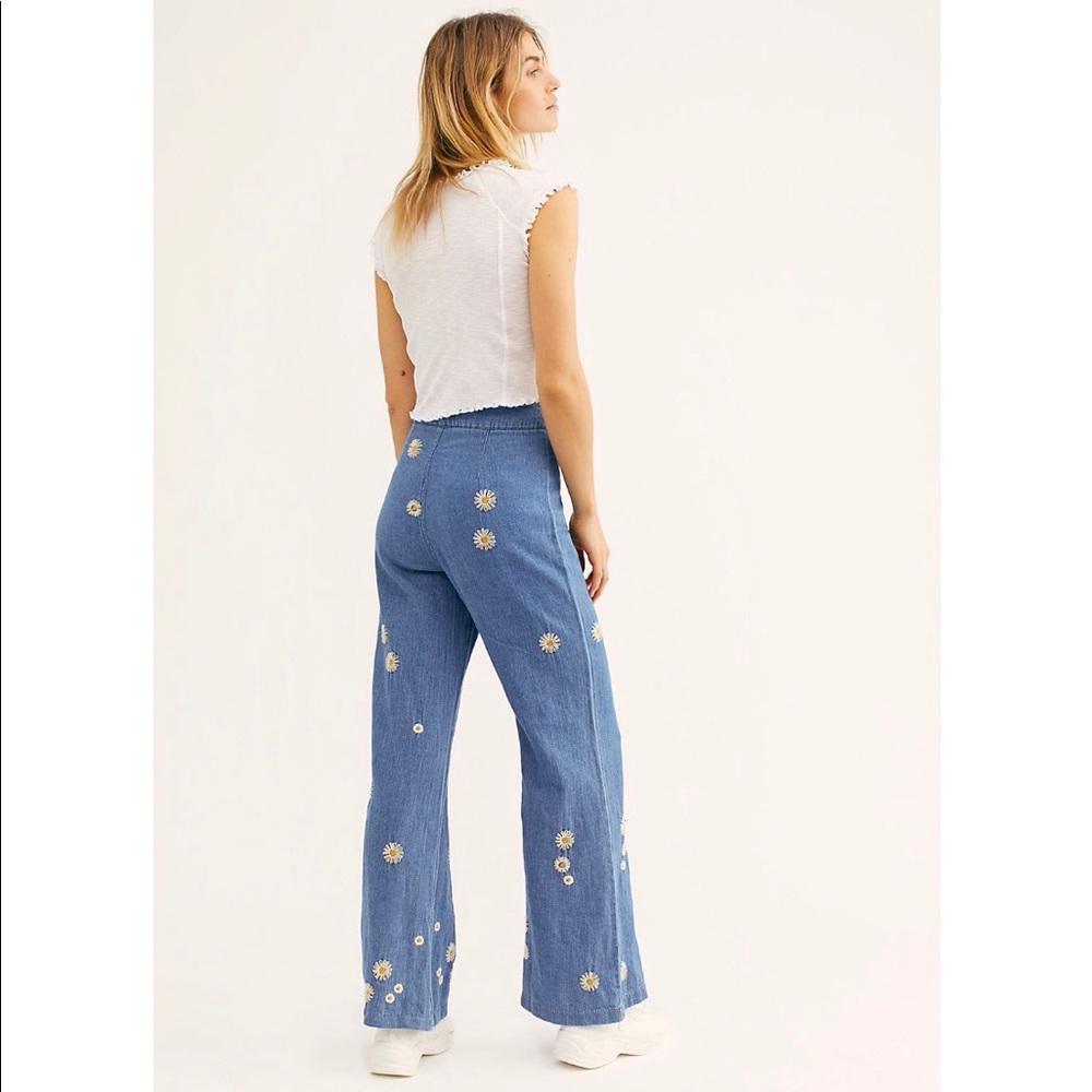 Free People Embroidered Flower Jeans Wide Legs - Picture 3 of 5